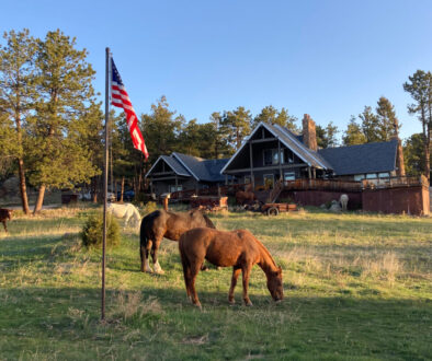 lodge with american flag and horses in foreground